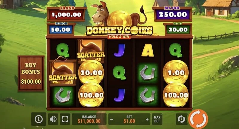 Donkey Coins Hold & Win - màn hình chính với các cuộn